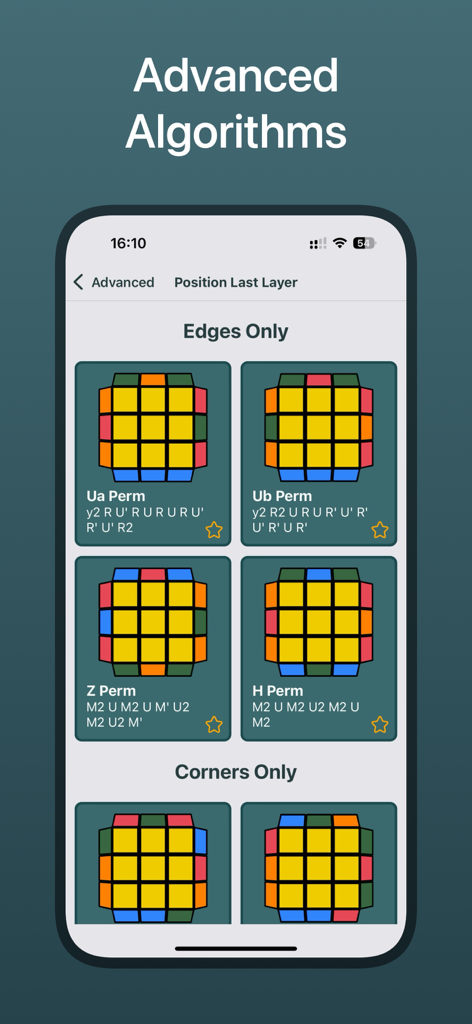 Rubix Cube Solver CubeXpert - Uma tela de celular do CubeXpert mostrando algoritmos avançados de cubo de Rubik para a última camada