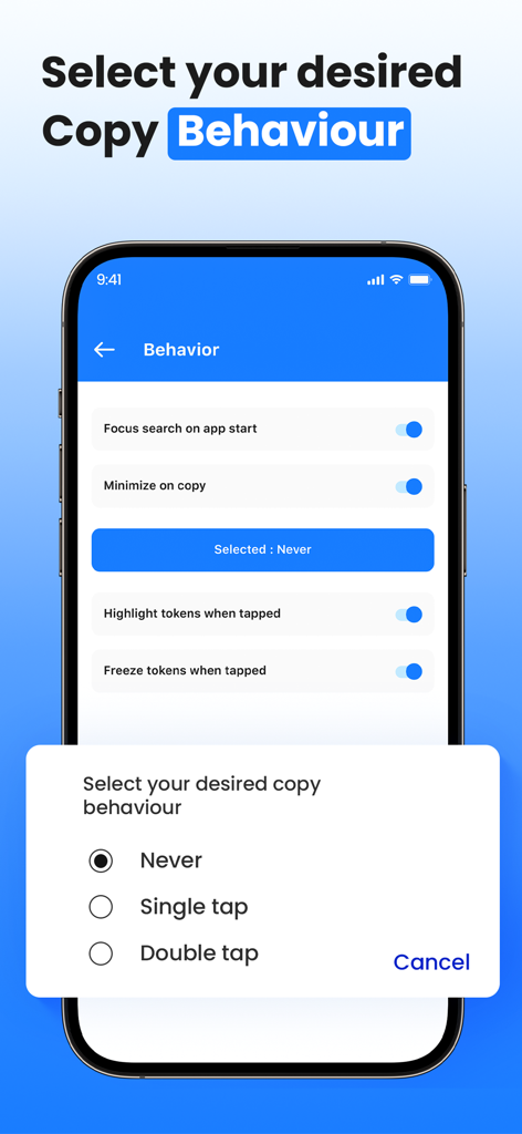 Two Factor Authenticator 2FA - Two Factor Authenticatorアプリのインターフェース。シングルタップまたはダブルタップなどのコピー動作を選択するオプションが表示されています。