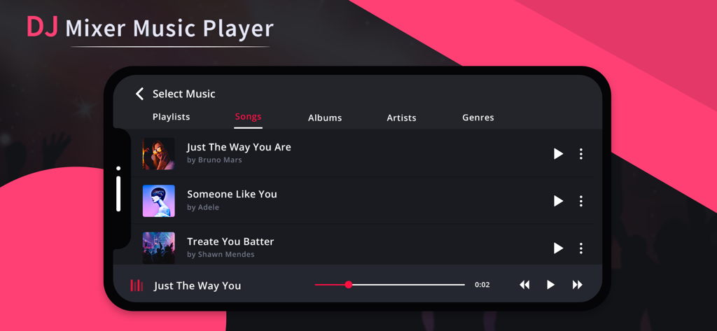DJ Mixer - DJ Music Player - Une interface mobile de l'application DJ Mixer montrant un écran de sélection de bibliothèque avec des chansons populaires d'artistes comme Bruno Mars et Adele.
