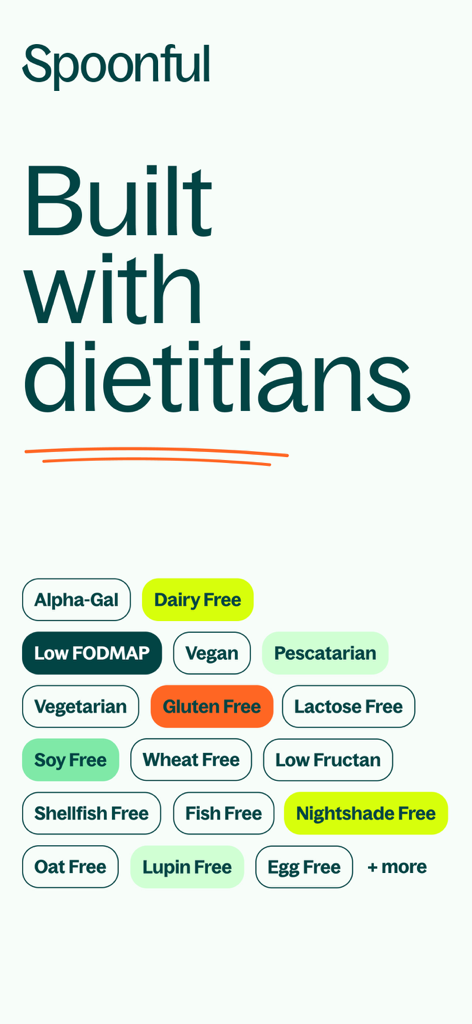 Spoonful app interface showing various supported diets built with dietitian experts
