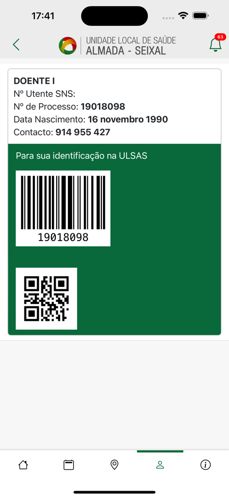 チェックイン用のバーコードとQRコードが特徴のMyULSASアプリ内のデジタル患者IDカード