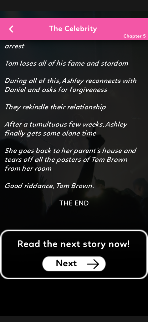 A dramatic story ending screen in the Love Chat Interactive Stories app with a button to start the next story.
