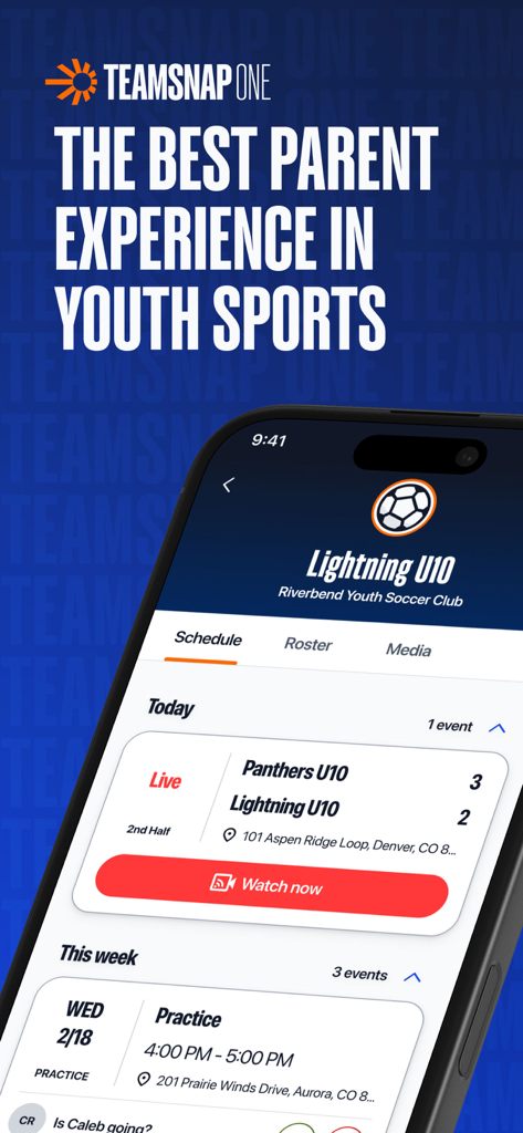 TeamSnap ONE - TeamSnap ONE app interface showing a live soccer game score and upcoming team practice schedule
