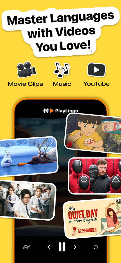 Language Reactor - PlayLingo - Language Reactor PlayLingo app screen showing language learning through movie clips and YouTube videos