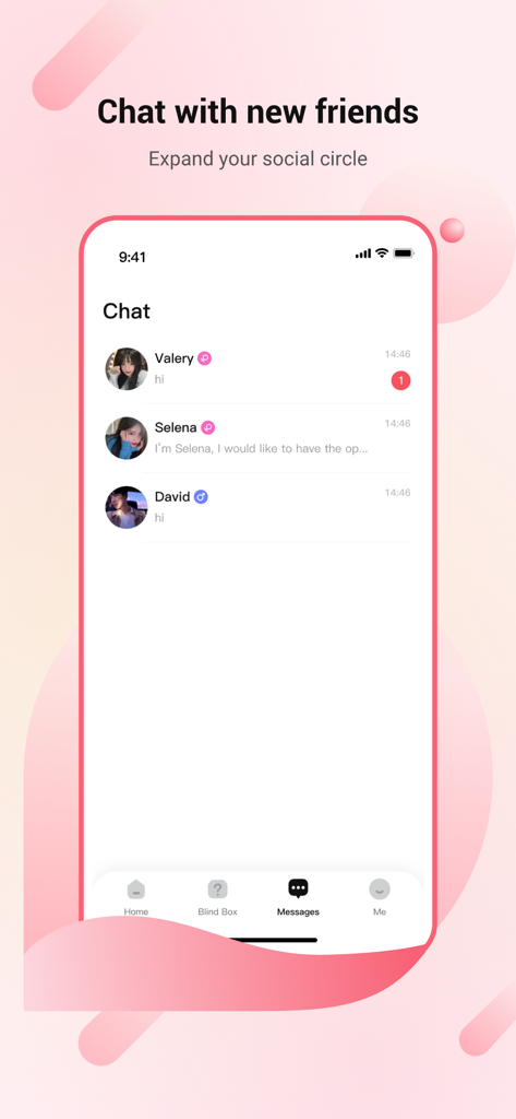 LoveAssist App Chat-Bildschirm mit Nachrichten von neuen Freunden.