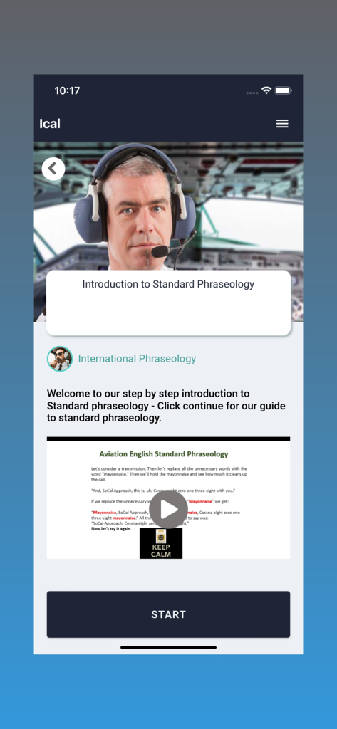 Ical - Pantalla de la aplicación Ical que muestra una introducción a la fraseología aeronáutica estándar con un piloto en la cabina y un botón de inicio.