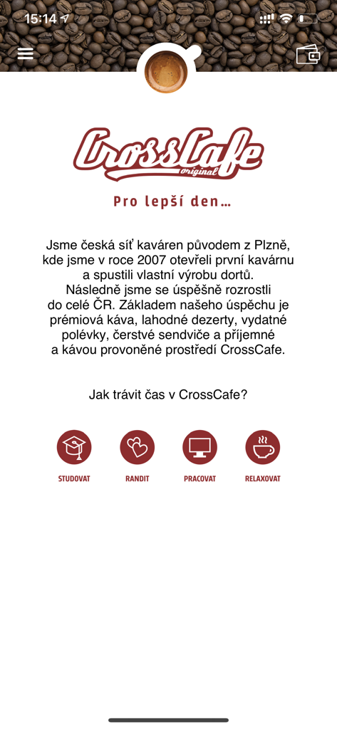 CrossCard - CrossCafe Mobile App-Bildschirm mit Lifestyle-Optionen wie Studium und Arbeit