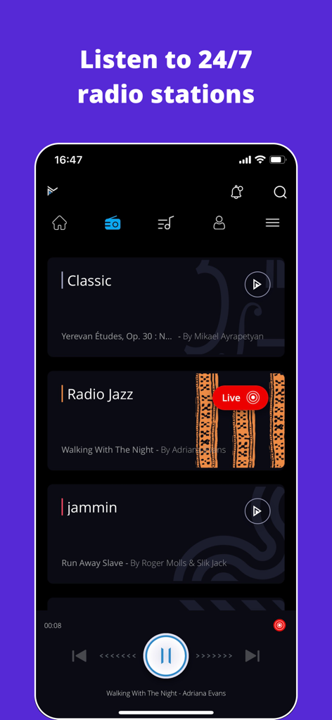 Interface de l'application IMUSIC affichant des stations de radio 24h/24 et 7j/7 comme Classic et Radio Jazz