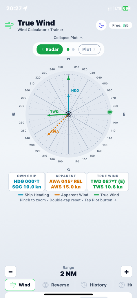 True Wind Pro - True Wind Pro app interface showing a nautical radar plot with ship heading, apparent wind, and true wind vectors.