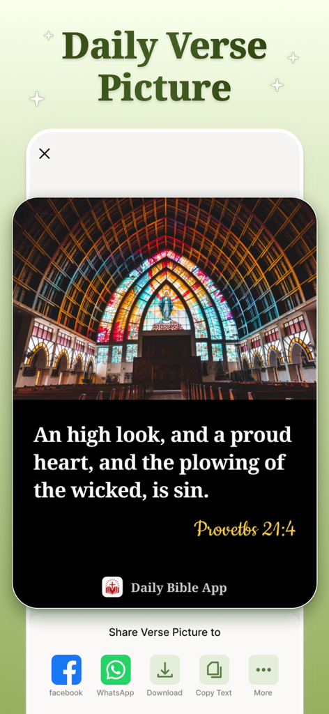 DailyBible Lite - KJV Version - Daily Bible Lite app interface displaying a shareable Bible verse image with social media share buttons