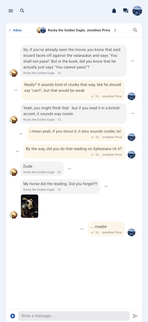 A mobile chat interface within the My CU app showing a conversation between students at Cornerstone University.
