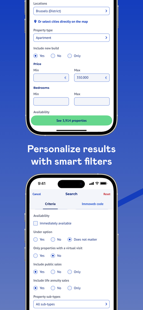 Immoweb app interface showing detailed property search filters for apartments in Brussels
