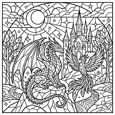 Dive into a world of magic with this intricate stained glass fantasy coloring page, featuring a powerful dragon and a magnificent phoenix. Perfect for adult colorists seeking a unique and engaging artistic challenge.
