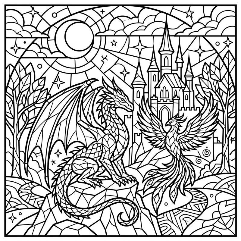 Dive into a world of magic with this intricate stained glass fantasy coloring page, featuring a powerful dragon and a magnificent phoenix. Perfect for adult colorists seeking a unique and engaging artistic challenge.