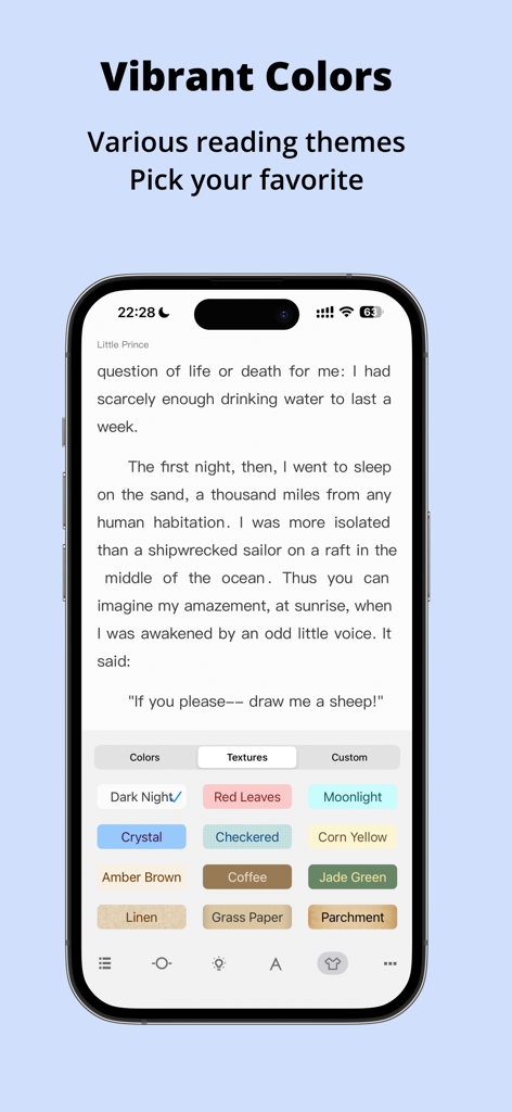 Readingo app interface on iPhone showing various color and texture themes for a customized reading experience