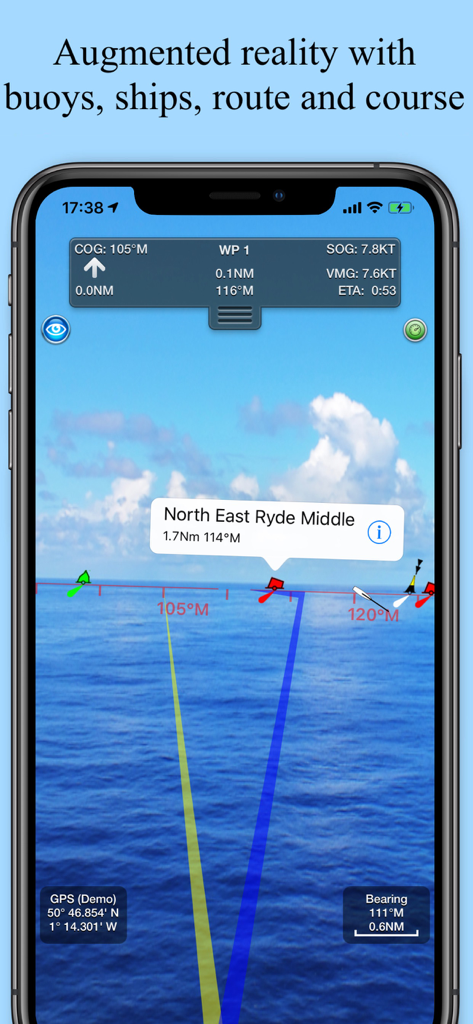 SeaNav NP app augmented reality view displaying marine navigation routes and markers on the sea.