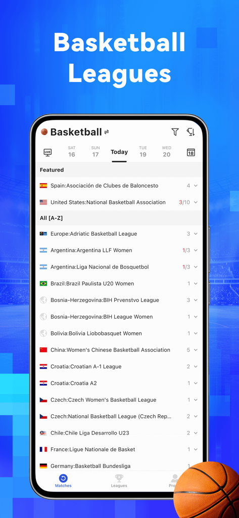 Livescore365-Tournament data - Mobile app screen showing a comprehensive list of global basketball leagues including NBA and CBA for analytical sports betting data