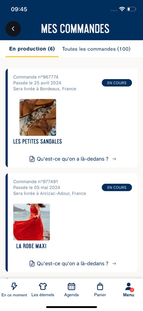 Asphalte - サンダルやドレスなどの製造中の現在の注文を表示するアスファルトアプリのインターフェース。