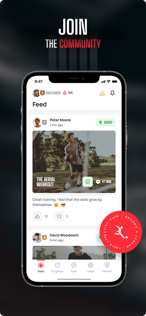 A smartphone showing the social feed of the Train Effective soccer app with user workout posts and XP rewards.