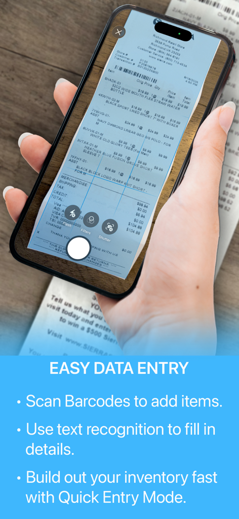 Under My Roof Home Inventory + - A hand holding a smartphone to scan a store receipt using the Under My Roof home inventory app for easy data entry.