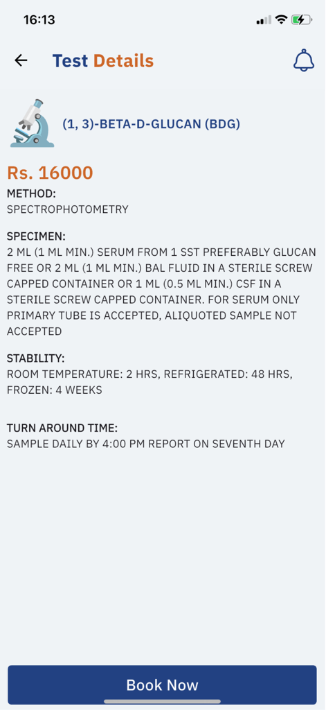 National Path Lab - National Path Lab mobile app screen showing medical test details and pricing for Beta D Glucan