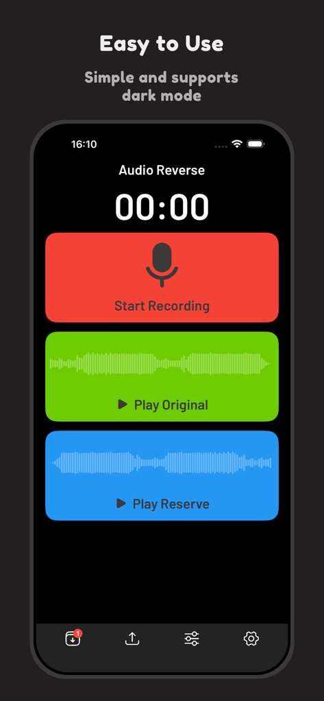 Audio Reverse - Interface do usuário do aplicativo Áudio Reverso mostrando botões para gravar e reproduzir áudio original ou invertido no modo escuro