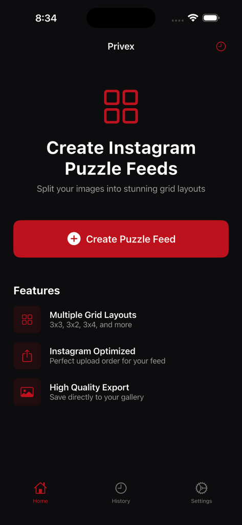 Privex - Home screen of the Privex app showing features for creating Instagram puzzle feeds and grid layouts