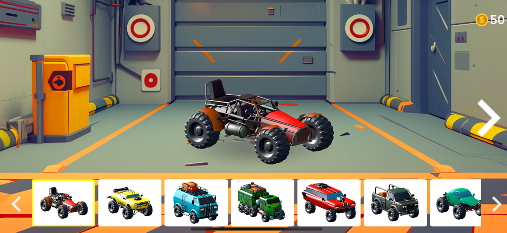 Vehicle selection menu in a garage featuring various trucks and cars for kids
