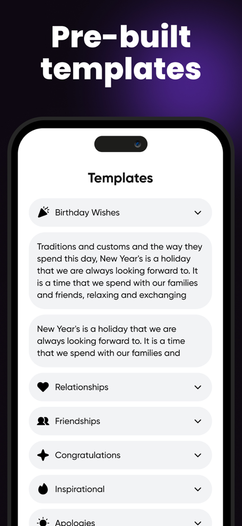 Vozee: Celebrity voice changer - Tela do aplicativo Vozee mostrando modelos de texto pré-construídos para categorias como desejos de aniversário e relacionamentos