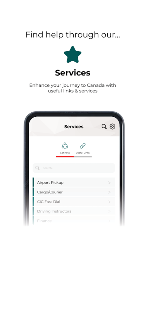 CanPR - CanPR app services screen displaying useful links for immigration support like airport pickup and driving instructors