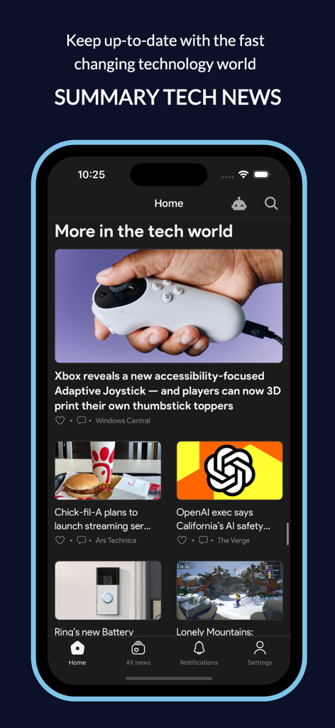 LiAi - Summarizing Tech News - LiAi mobile app home screen displaying a curated feed of summarized tech news articles with images and titles