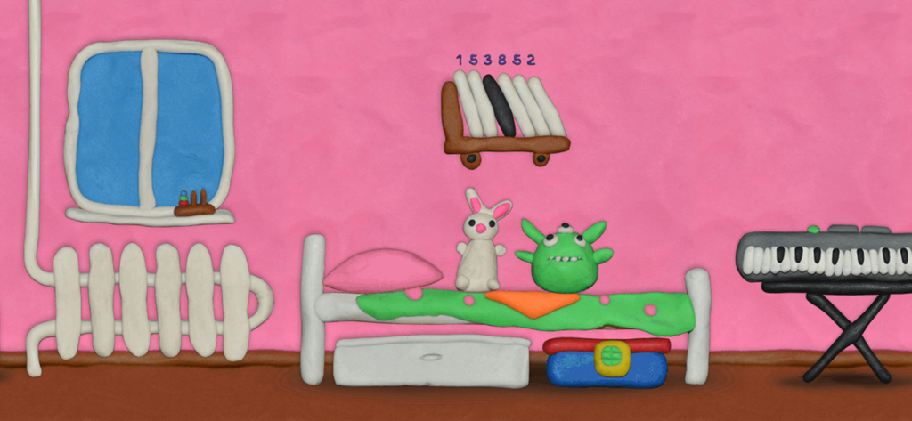 12 LOCKS - A pink claymation style room featuring a plasticine bed with toys and a keyboard from the 12 LOCKS game