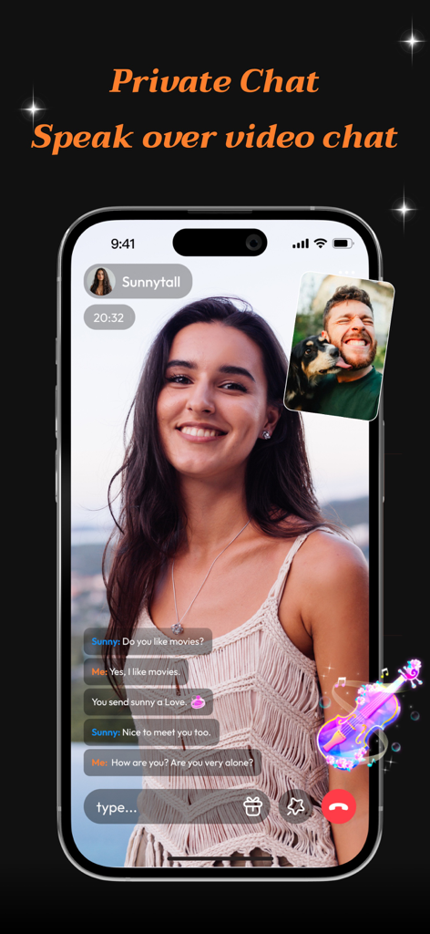 Oberfläche der Echo-App, die einen privaten Video-Chat mit Textnachrichten und einem leuchtenden Geigen-Symbol zeigt
