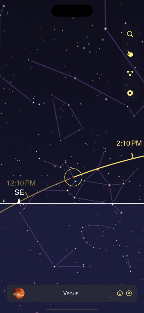 PlanetFinder Pro - PlanetFinder Pro interface tracking Venus and constellations in the night sky