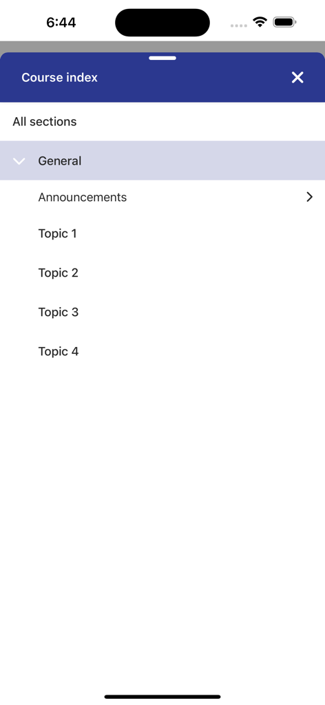 Open LMSアプリのコースインデックスメニュー。アナウンスとトピックを表示