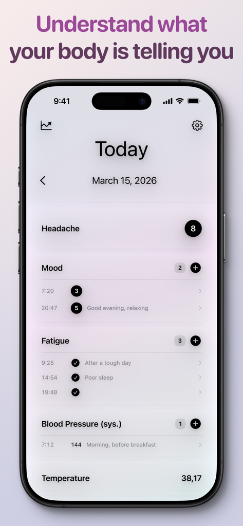Symp Trac - My Health Tracker - Smartphone screen displaying the Symp Trac app with daily symptom and health tracking entries