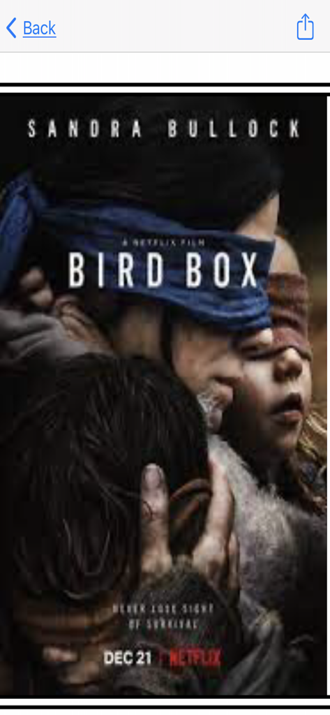 Movie detail screen showing the poster for Bird Box starring Sandra Bullock