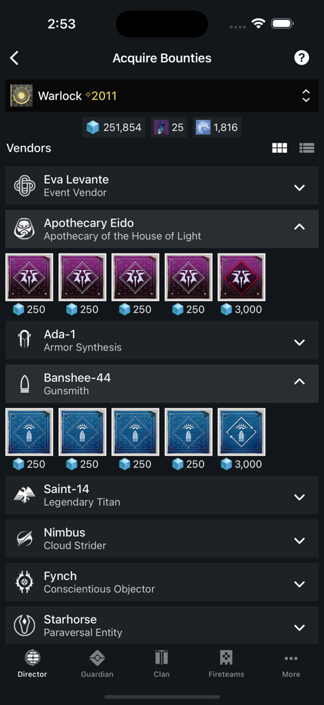 Destiny 2 Companion - Interface of the Destiny 2 Companion app showing the Acquire Bounties screen with a list of vendors and available bounties for a Warlock character.