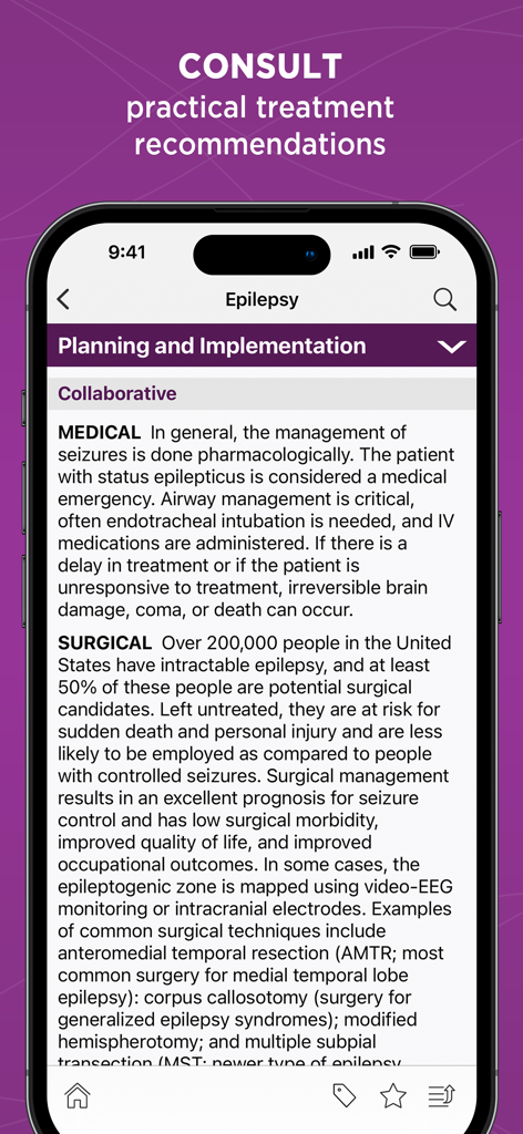 Diseases and Disorders app displaying medical treatment recommendations for epilepsy