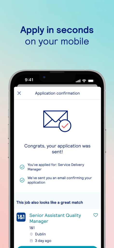 IrishJobs.ie - Job Search App - A smartphone screen showing a successful job application confirmation on the IrishJobs.ie app.