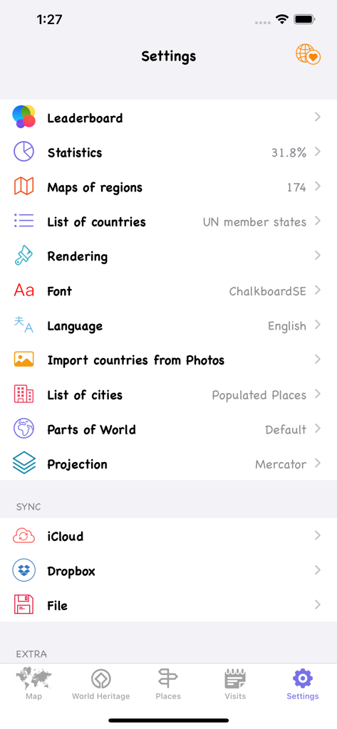 Mark O Travel app settings menu showing travel statistics and sync options