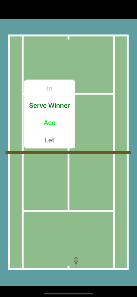 ProTracker Tennis - ProTracker Tennis app interface showing serve result tracking on a graphical court