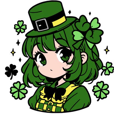 a manga-style girl with clovers around her, a little hat in her hair, like it's saint patrick's day