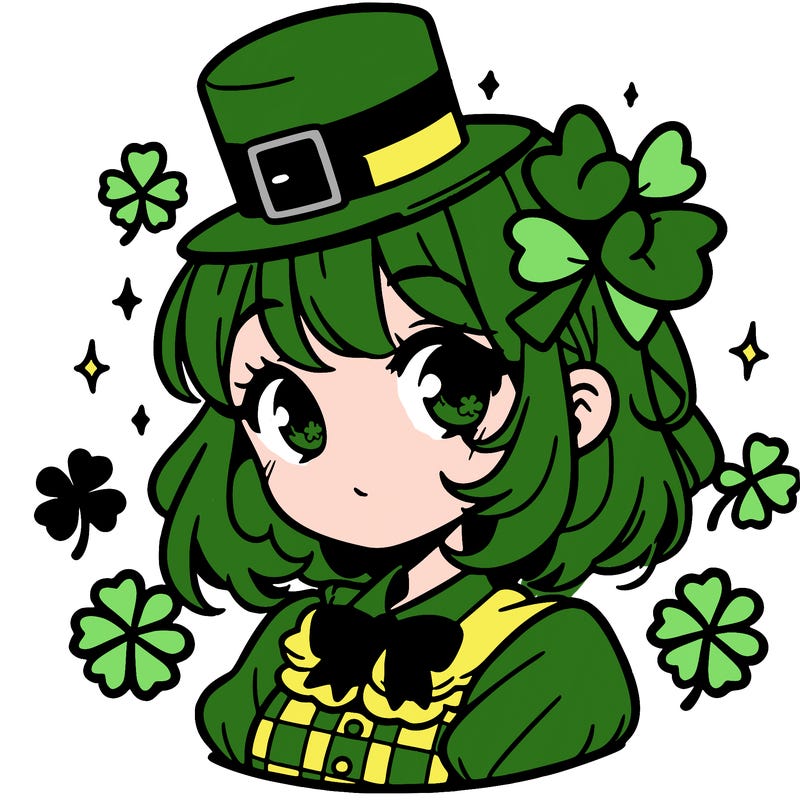 a manga-style girl with clovers around her, a little hat in her hair, like it's saint patrick's day