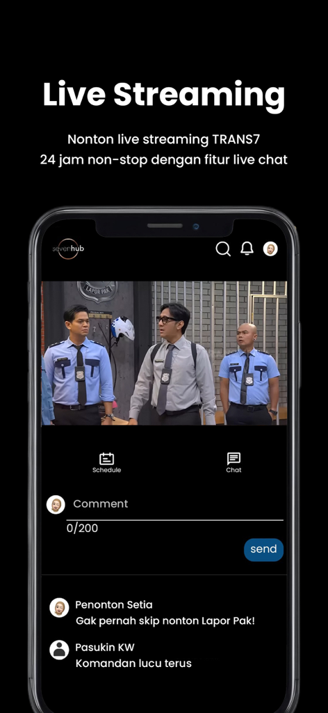 Sevenhub - Sevenhub app interface showing a TRANS7 live stream of Lapor Pak with a live chat feature and user comments