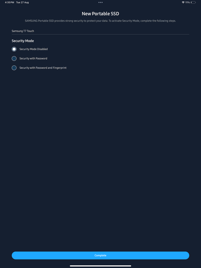 Interfaz de configuración del modo de seguridad en la aplicación Samsung Magician para un SSD portátil Samsung T7 Touch, incluidas opciones de cifrado de contraseña y huella dactilar.