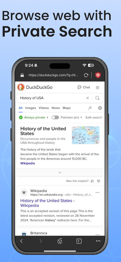 Private Browser,Incognito VPN - Smartphone zeigt eine private Suche nach der Geschichte der USA mit DuckDuckGo im Inkognito-Browser