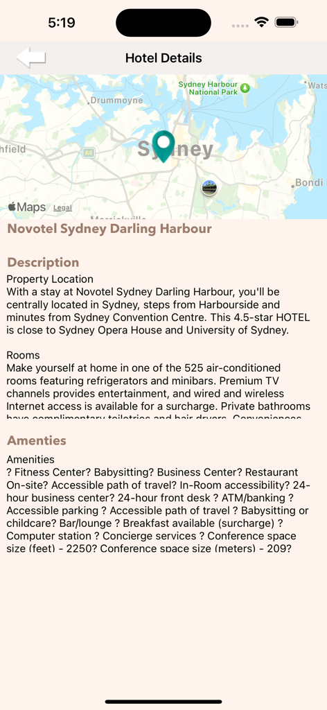 Mobile app screen displaying hotel details and location map for Novotel Sydney Darling Harbour