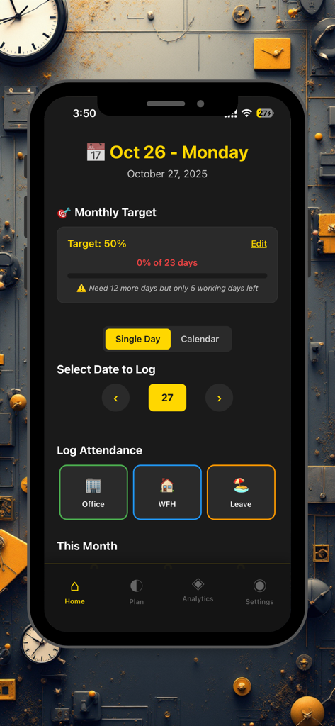 Hybrid Office Tracker app home dashboard displaying monthly work targets and attendance logging options for office or remote work