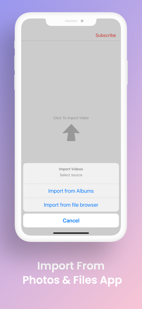 iPhone screenshot showing video import options from albums and file browser in the Video Rotate app
